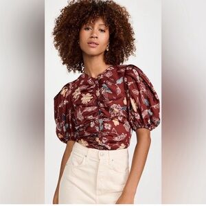 Ulla Johnson Elise Ruched Floral Print Silk Twill Top in Anemone  size 12